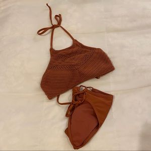 Copper Crochet High Neck Halter Bikini Set